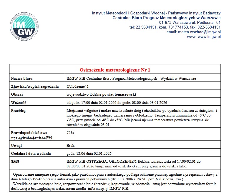 Ostrzezenie meteorologiczne Nr 1